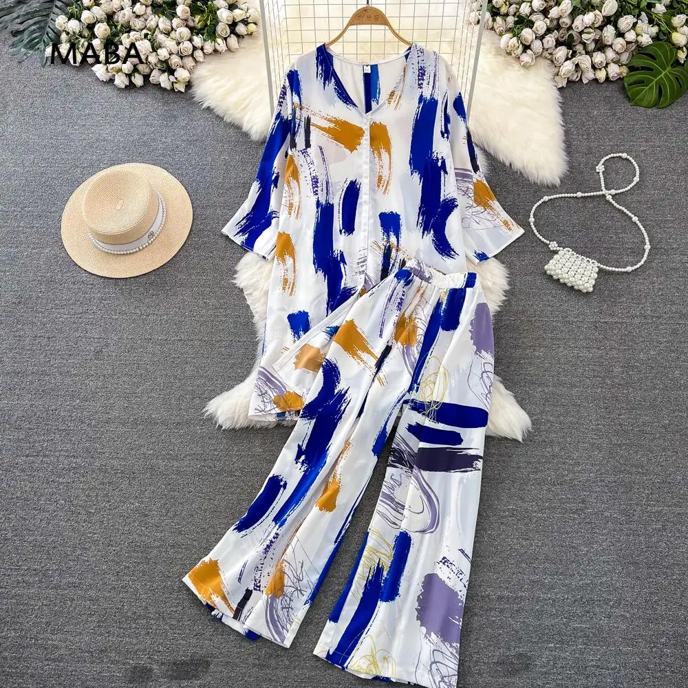 

Fashion Print Pajamas Two Piece Sets Women Spring Summer New V-neck Mid Length Shirt Top+ Elastic Waist Wide Leg Pants Outfits