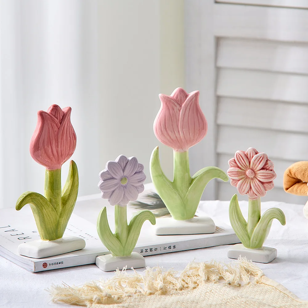 

Handmade Creative Ceramics Flower Figurines Ornaments Desktop Craft Adornment Creative Colorful Cute Miniature Plant Home Decor