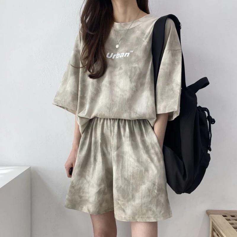 Cotton Two Piece Sets Tie Dye Summer Women Clothing Set Short Sleeve T-shirt Shorts Sportswear Running Shorts Suit Rainbowshades