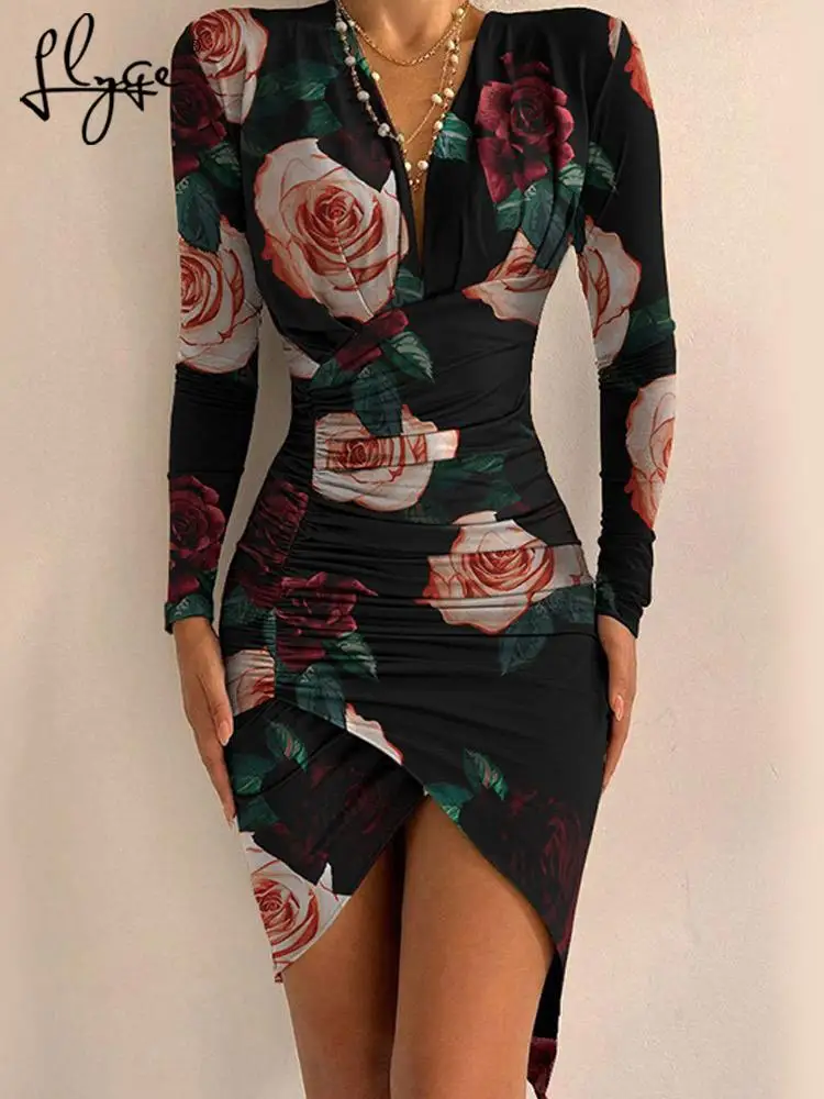 Женское облегающее платье с цветочным принтом спереди плиссированное v-образным