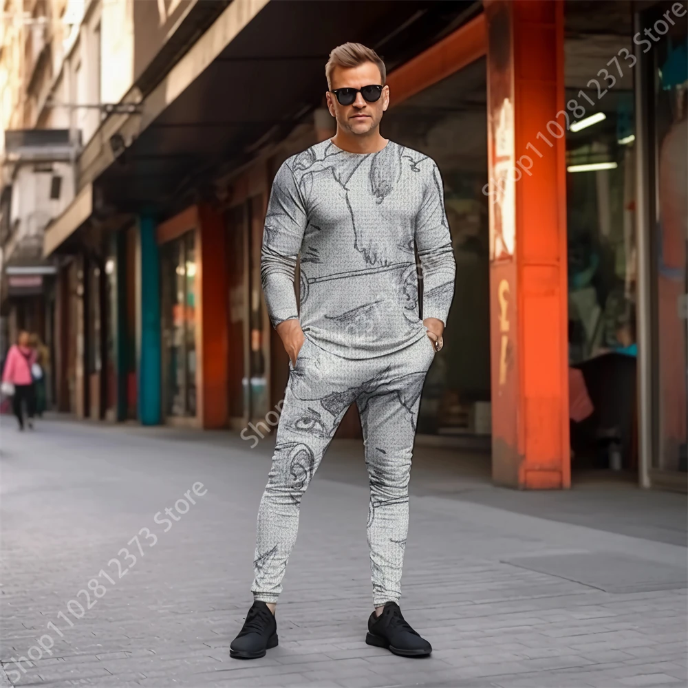 2023 Man Tracksuit Sets Men's Long Sleeve T-shirts Two Piece Set Men Fashion 3D Retro Printing Casual Streetwear Men's Clothing