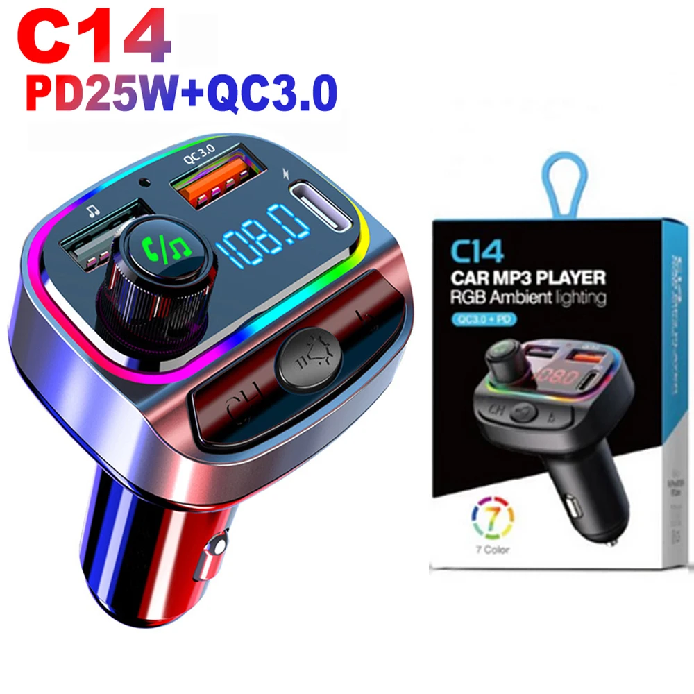

PD25W Fast Charger FM Transmitter Bluetooth 5.0 Dual USB Car Phone Charger Colorful Wireless Handsfree Audio Receiver MP3 Player