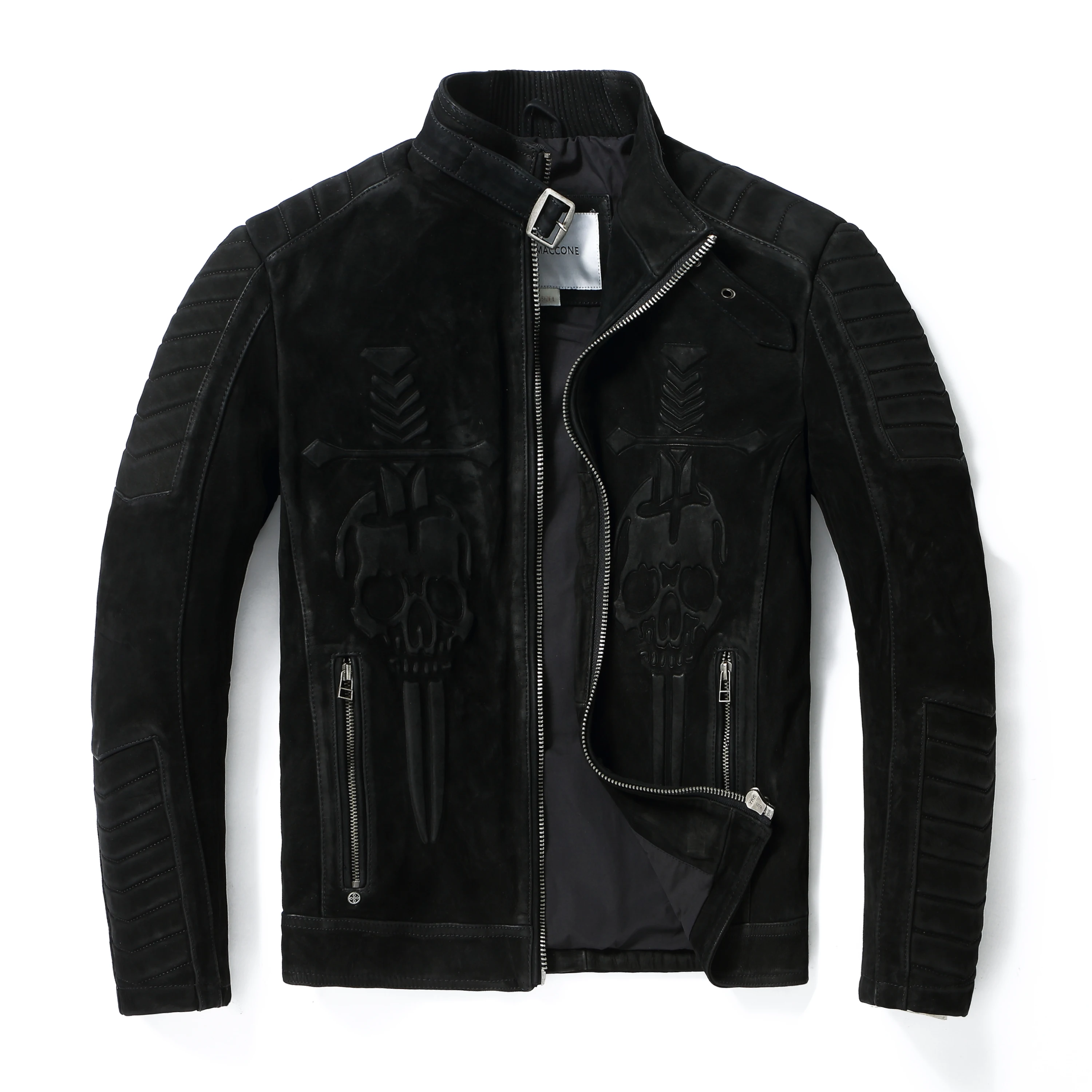 Vintage Black Men's Spring Skulls Jacket Motorcycle Style Plus Size 3XL Thick Cow Suede Autumn Slim Fit Genuine Leather Coats