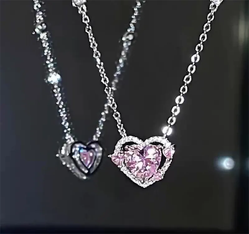 

Trend Pink Heart Pendant Necklace for Women Lovers Rhinestone Clavicle Chain Chocker Female Cute Crystal Moonstone Neckalce