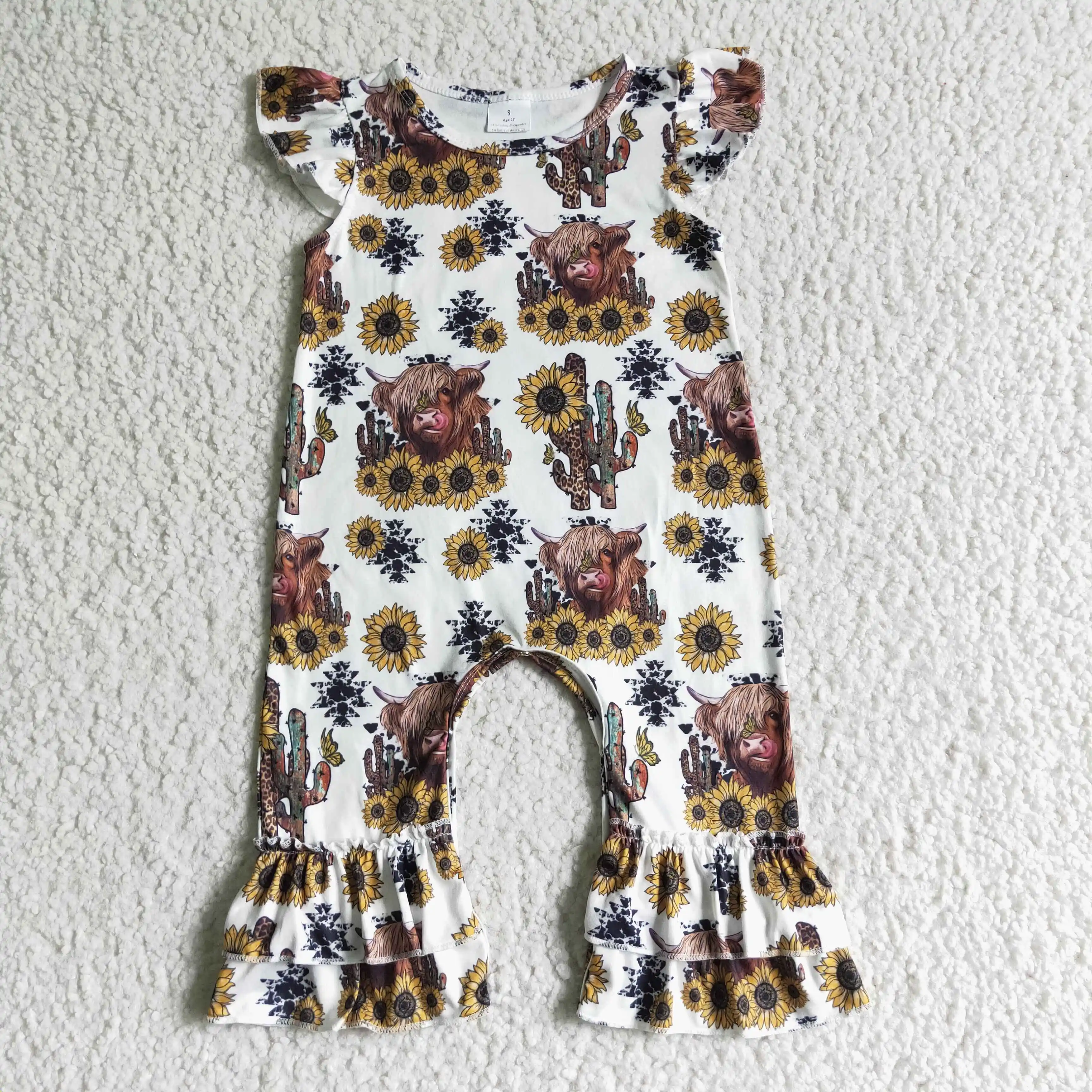 

NO MOQ RTS Wholesale Infants Toddler Clothing Newborn Cow Print Bodysuits Kids Girls Sunflower Rompers