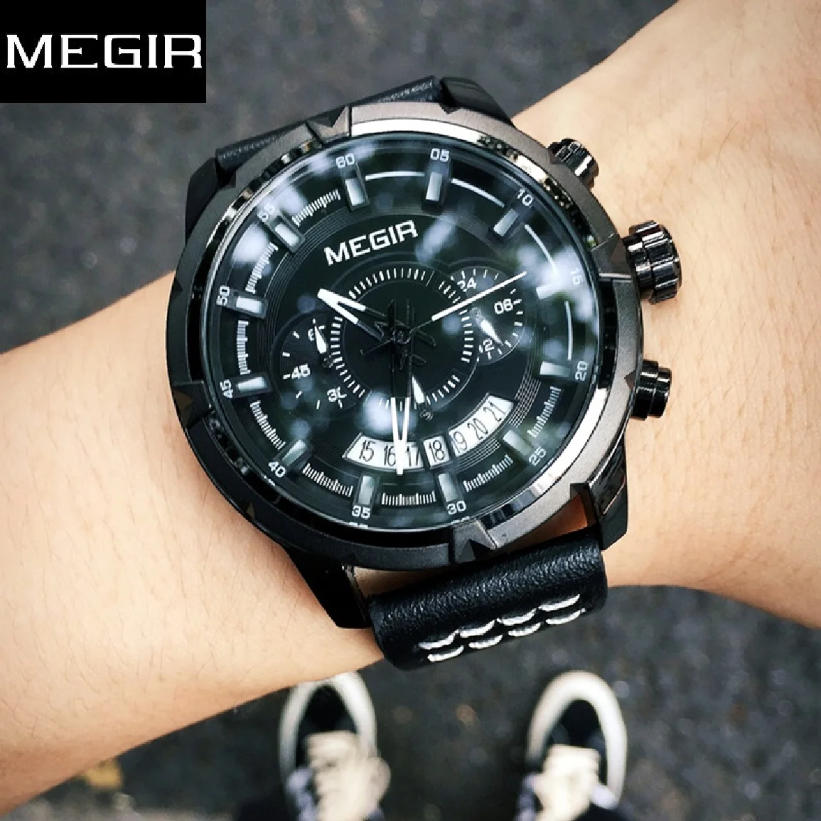 

Часы наручные MEGIR Мужские кварцевые, спортивные многофункциональные модные светящиеся с хронографом и кожаным ремешком