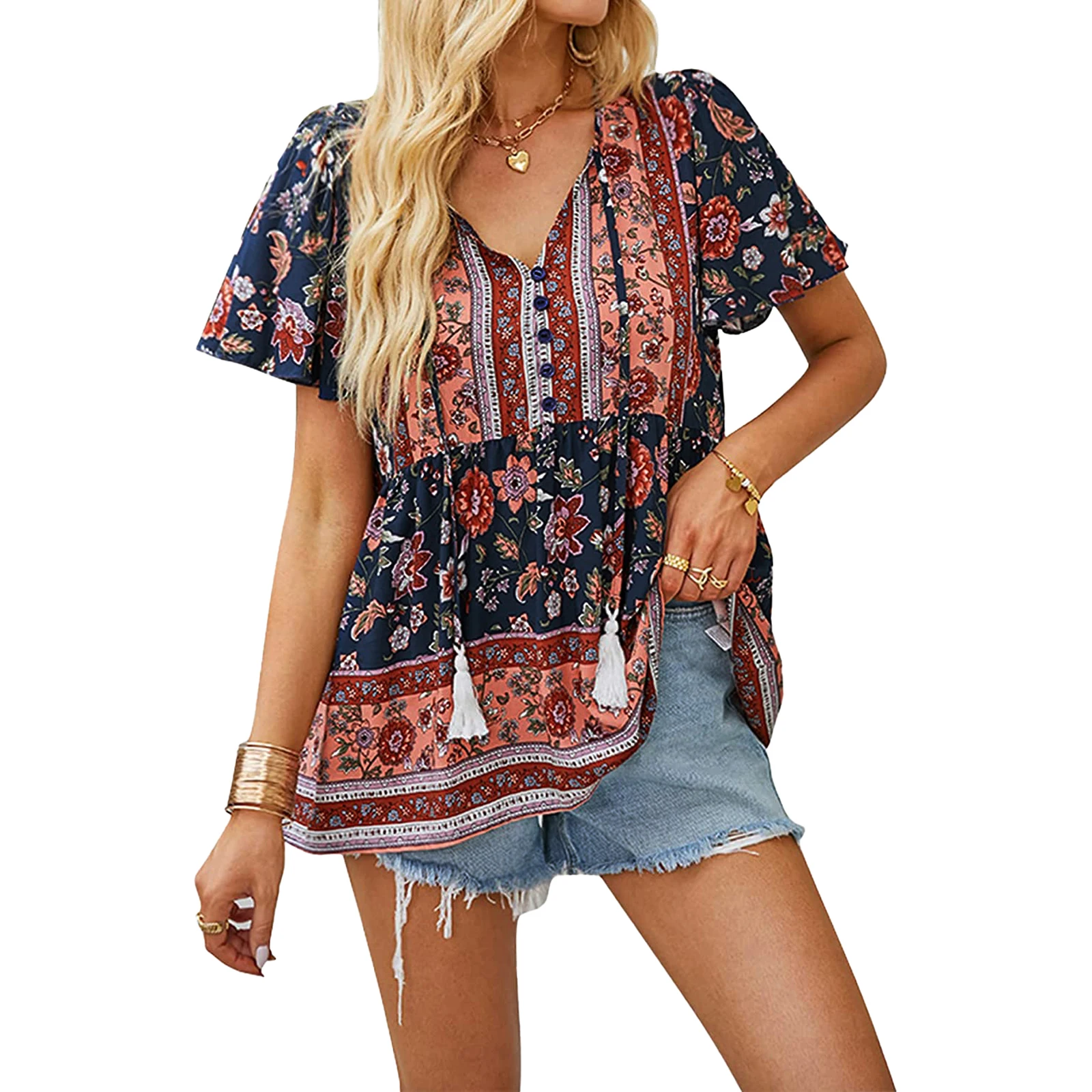 

Women's Summer Floral Print Elegant Top Boho Short Sleeve V Neck Button Front Loose Resort T-Shirt
