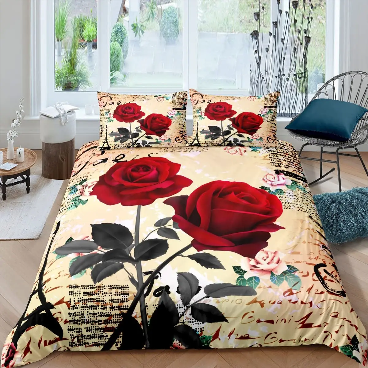 

Red Rose Flower King Queen Duvet Cover Eiffel Tower Paris Comforter Cover Women Romantic Bright Floral Polyester Bedding Set