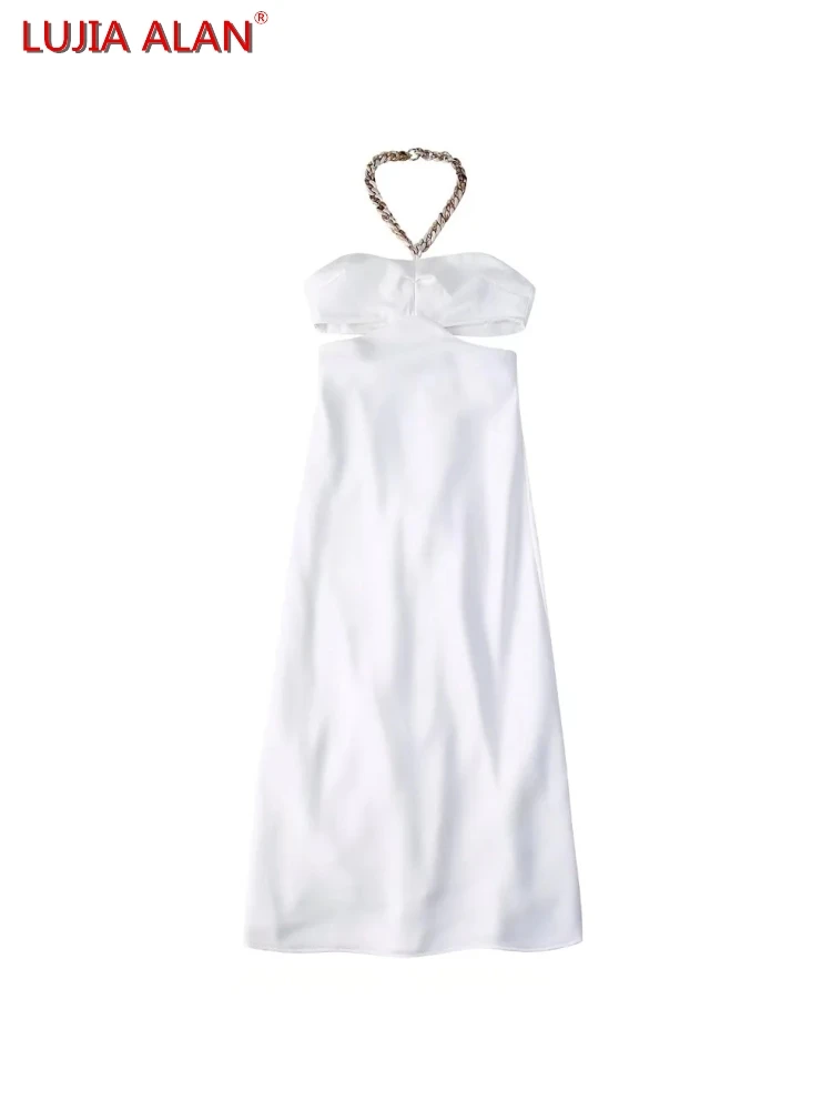 

Женское открытое дизайнерское платье с цепочкой, белое летнее женское платье с лямкой на шее без рукавов, Vestidos LUJIA ALAN WD138