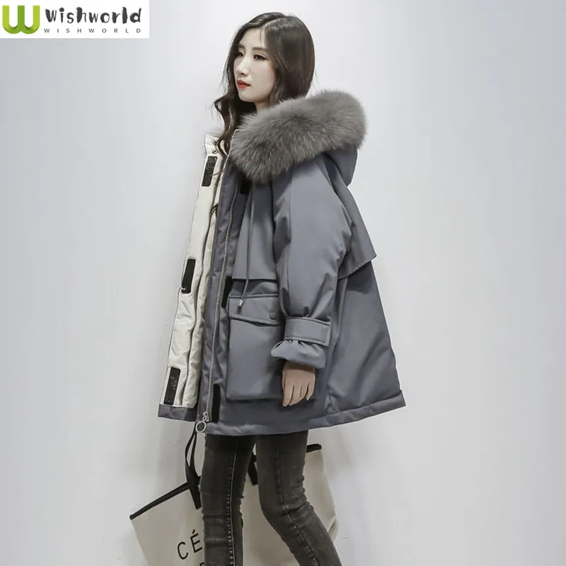 Pai Conquer Women's Medium Long Korean 2022 New Down Cotton Coat Loose Thickened Large Wool Collar Women's Winter Coat