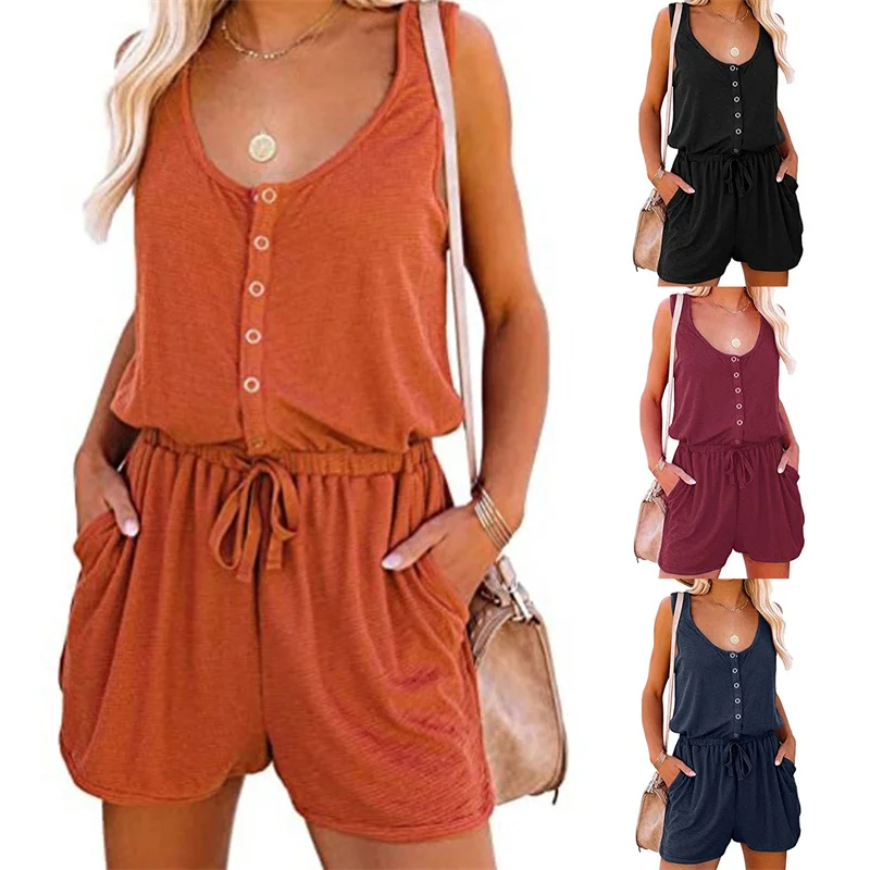 

2022 Summer Women's Loose Wide Leg Shorts Jumpsuit Sleeveless High Waist Lace Up One Piece Bodysuit For Lady Urban Casual