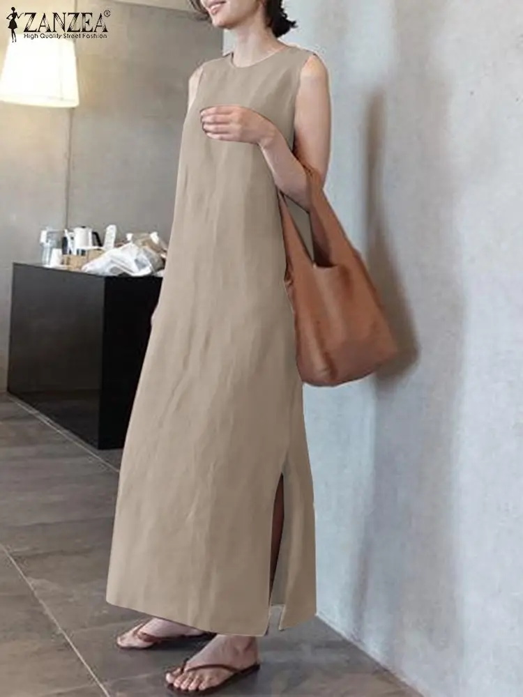 

Элегантный летний сарафан, модное женское платье без рукавов с круглым вырезом и разрезом на подоле, модель 2022 года, ZANZEA OL, вечерние платья д...