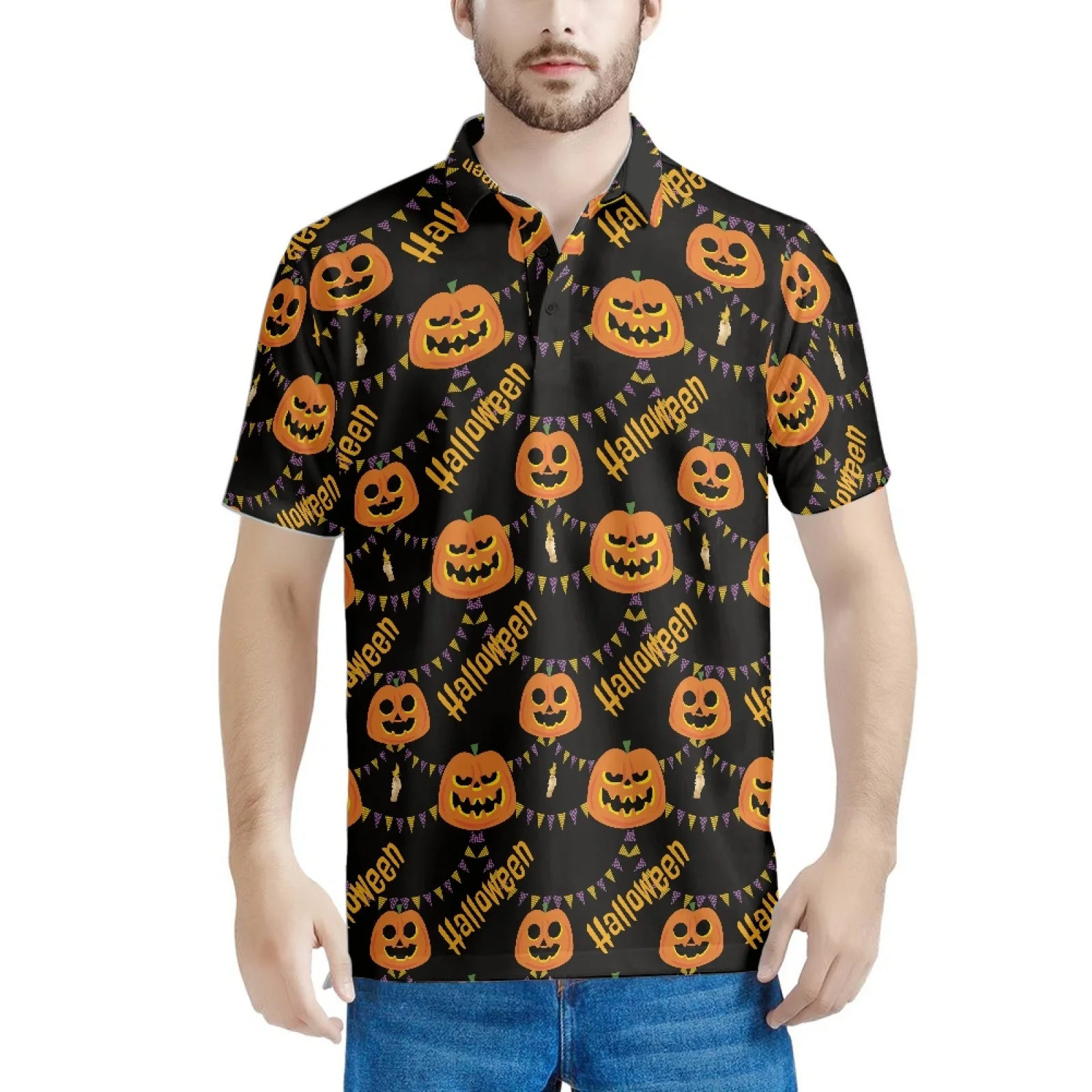 

Рубашка-поло с цветным флагом, принтом тыквы и головы