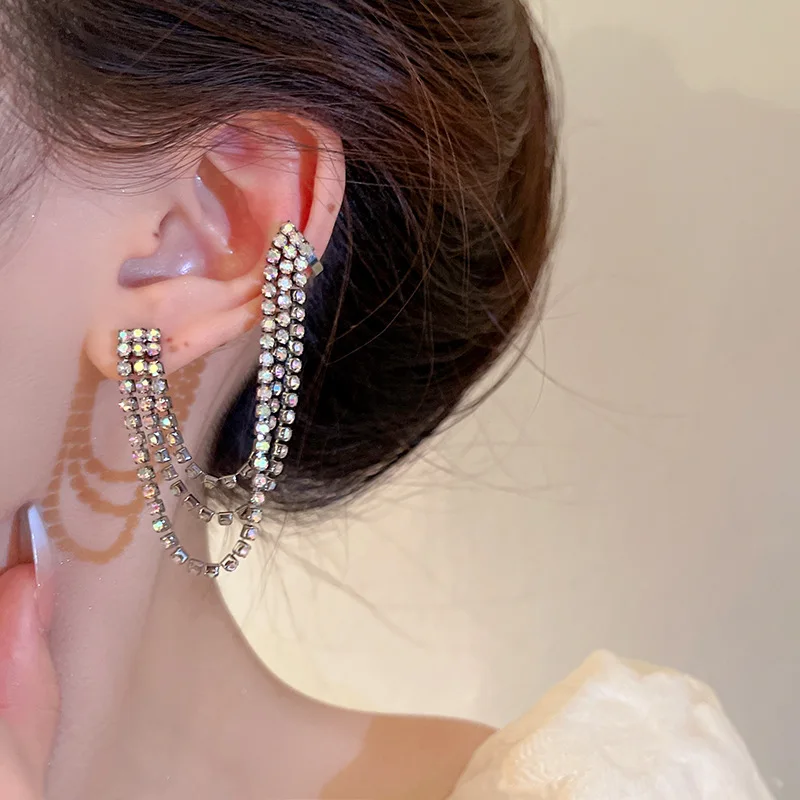 

Silver Needle, European And American Exaggeration, Full Of Diamond Tassel Earrings, Ear Clips, One, Niche Personalized