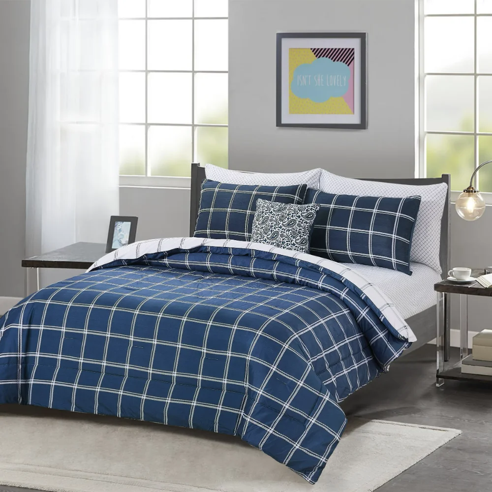 

8-Piece Plaid Bedding Comforter Set - Bed In A Bag - Navy - Size Queen