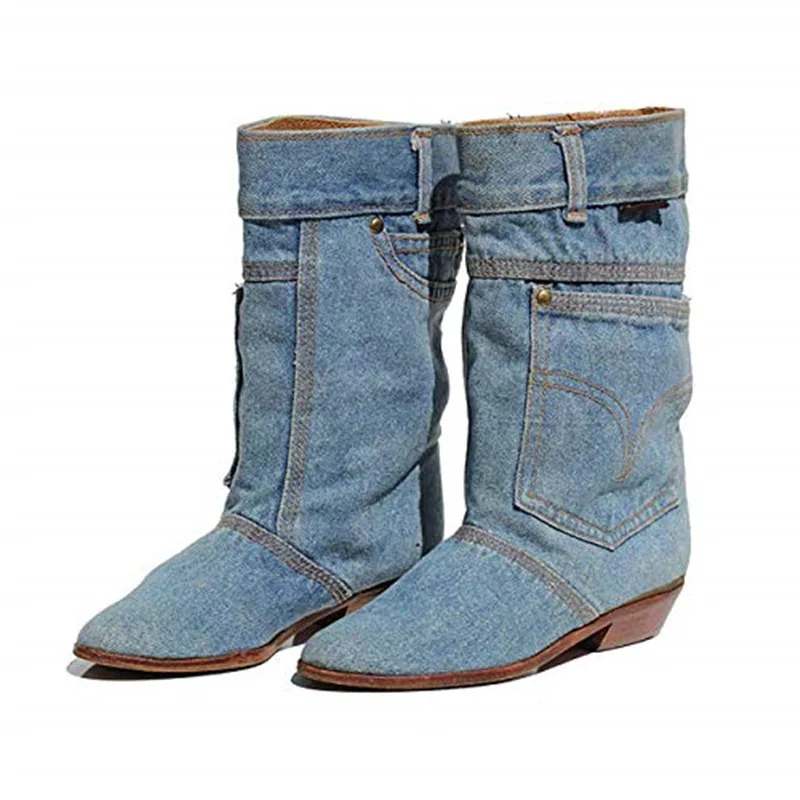 

Leisure Women's Round Toe Mid Calf Boots Denim Pocket Mid Heel Slip-on Shoes Woman Autumn Winter Boots Female Women Shoes Punk