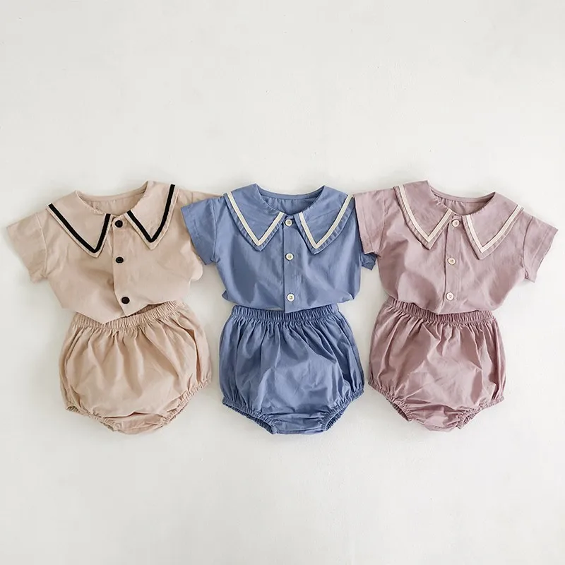 Yg 2022 Summer New Newborn Suit College Boys T-shirt + Shorts 2pcs Baby Girl Cotton Lapel Suit Baby Suit