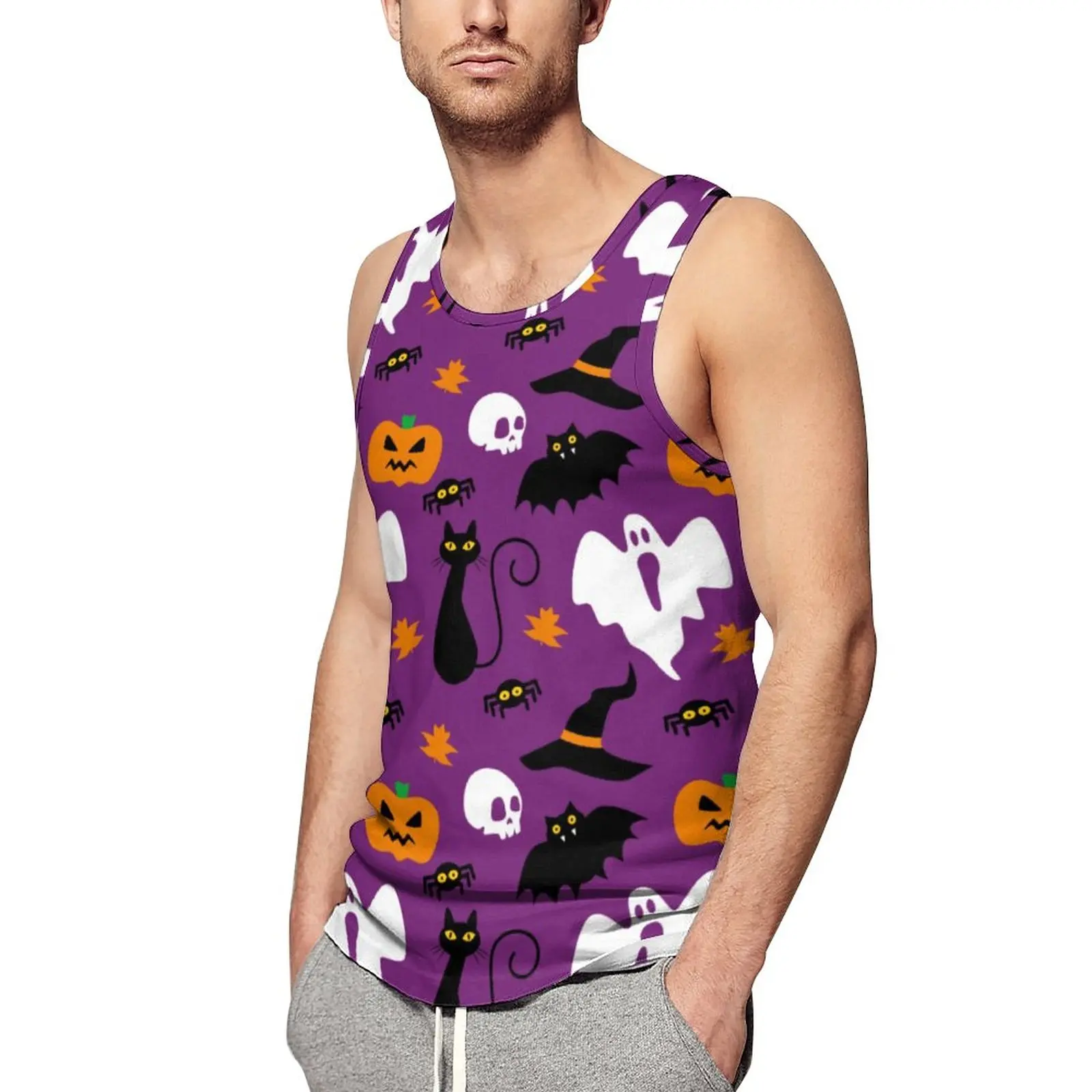 

Cute Halloween Summer Tank Top Ghost And Skull Print Training Tops Man Custom Fashion Sleeveless Shirts Large Size 4XL 5XL