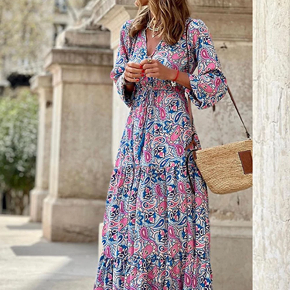 

Summer Vintage V-Neck Tunic Robe Dress Female Elegant Flowy Beach Dress Fashion Women 3/4 Sleeve Floral Print Bohemian Dress