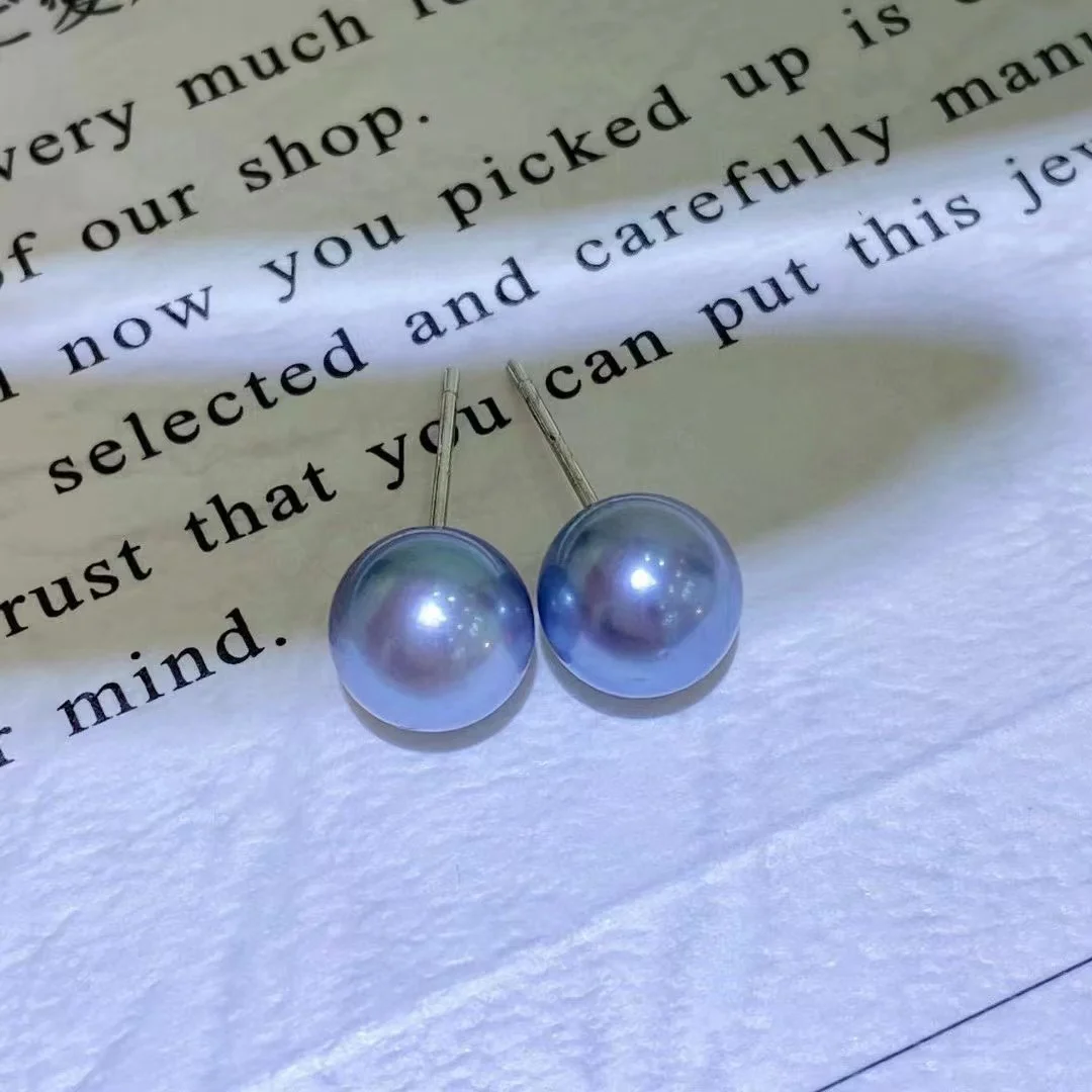 

Модные простые серьги Akoya с жемчугом 8-9 мм для женщин и девушек, настоящие серые и синие жемчужины из морской воды, прекрасные свадебные украшения из 18-каратного золота, подарки