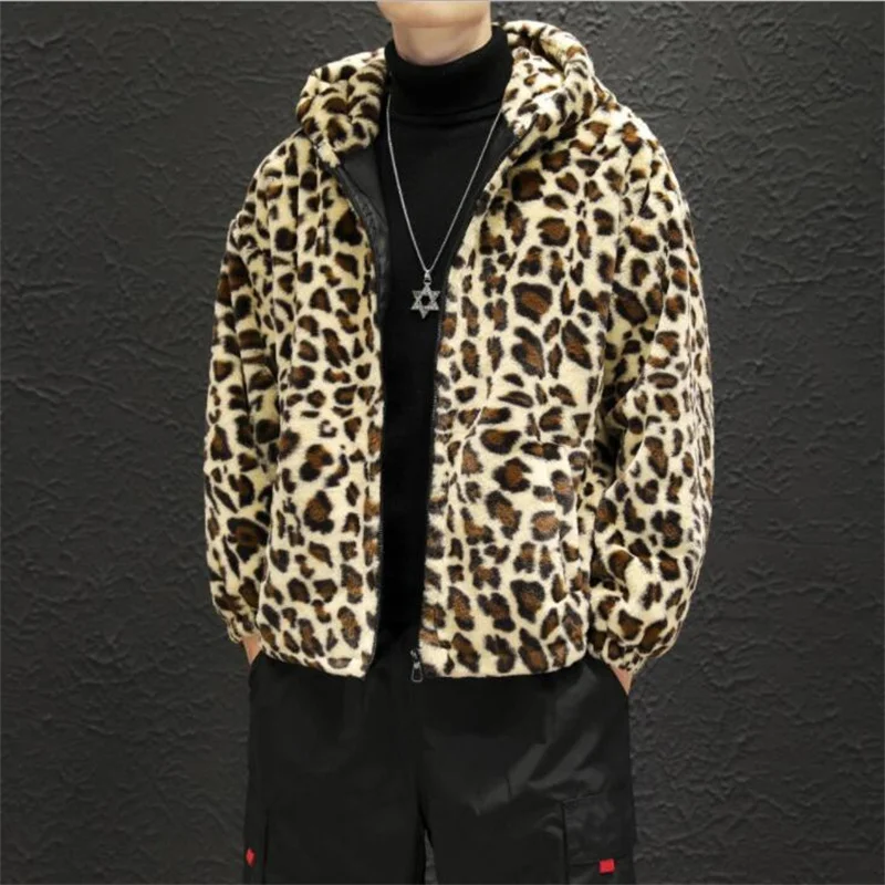 Autumn Leopard faux mink leather jacket mens winter thicken warm fur leather coat men loose jackets jaqueta de couro hooded B114