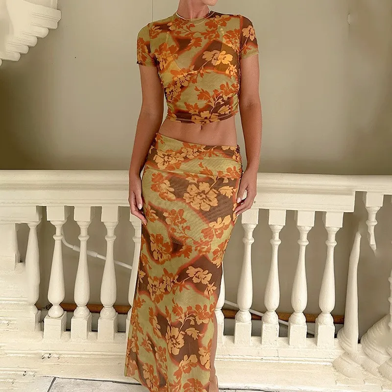 

Women Summer Dress One Piece Long 2023 New Leisure Print Cover Up Short Sleeve Shirt Skirt Suit Spandex Streetwear Lady Vintage