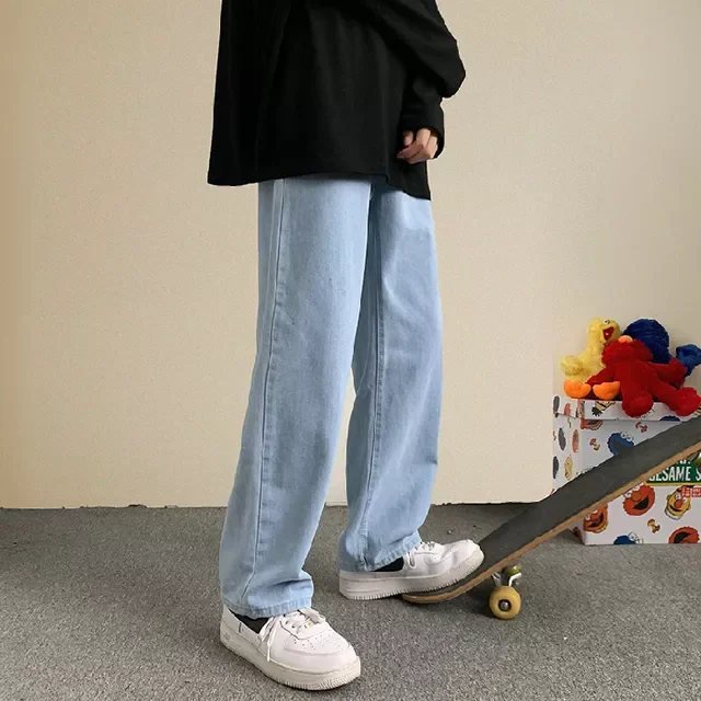 

NEW IN Autumn New Streetwear Baggy Jeans Men Korean Fashion Loose Straight Wide Leg Pants Male Brand Clothing Black Light Blue