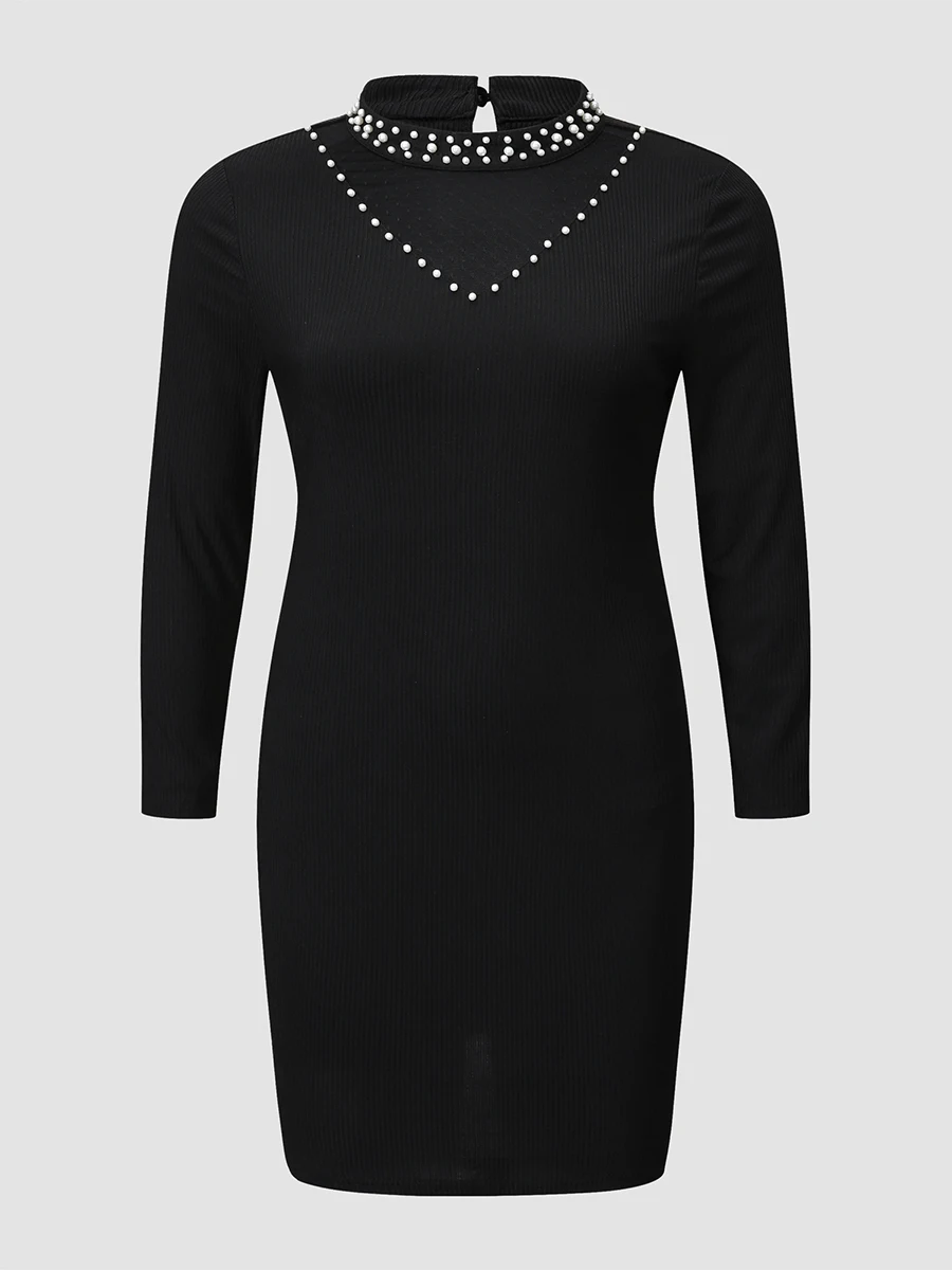 

Finjani Party Dresses For Women 2022 Plus Size Pretty Pearl Neck Mesh Design Dress Autumn Winter Black Slim Fit Sexy Even Dress