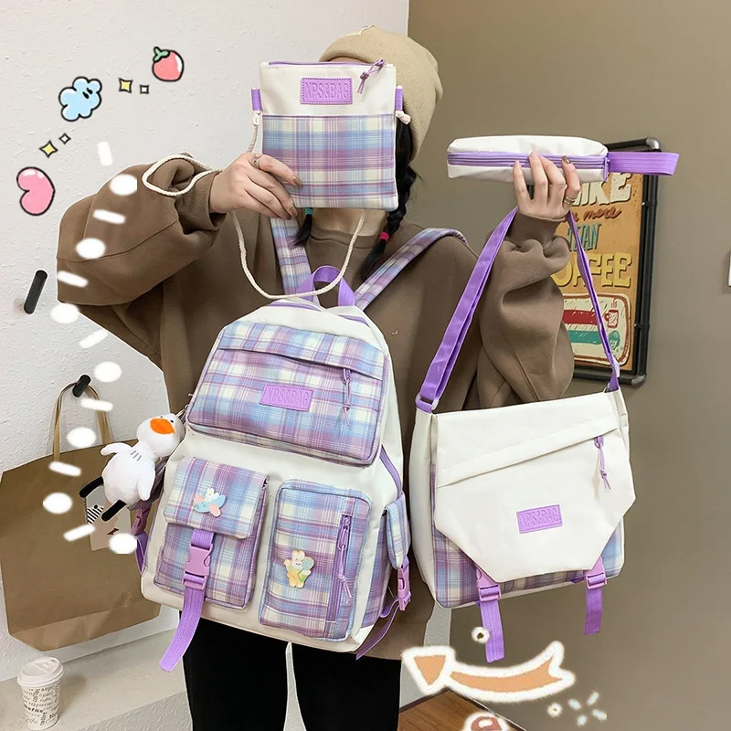 

4 In 1 Pcs Set Canvas Backpack New Korean Junior High School Bags for Teenager Girls Mochilas Para Mujer