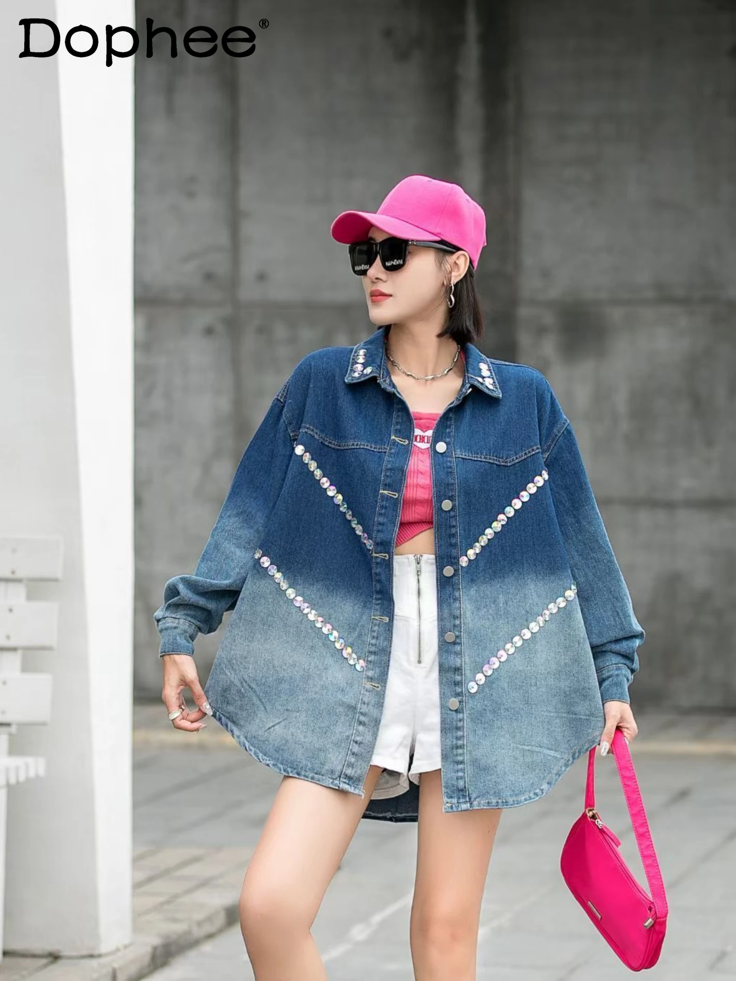 

StreetWear Gradient Contrast Printing Lapel Long Sleeve Denim Blouse Jacket Women 2022 Spring Loose Casual Buttons Jeans Shirt