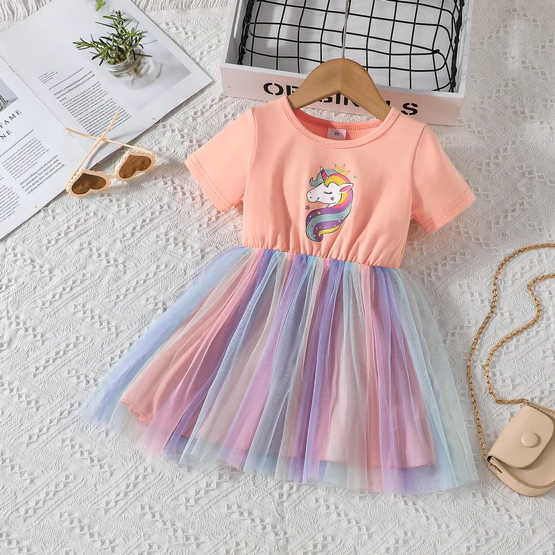 

Summer 2023 New Arrivals Girls Short Sleeve O Neck Print Unicorn Pink Roupa Infantil Menina Cute Party Dress Custume 2-6T