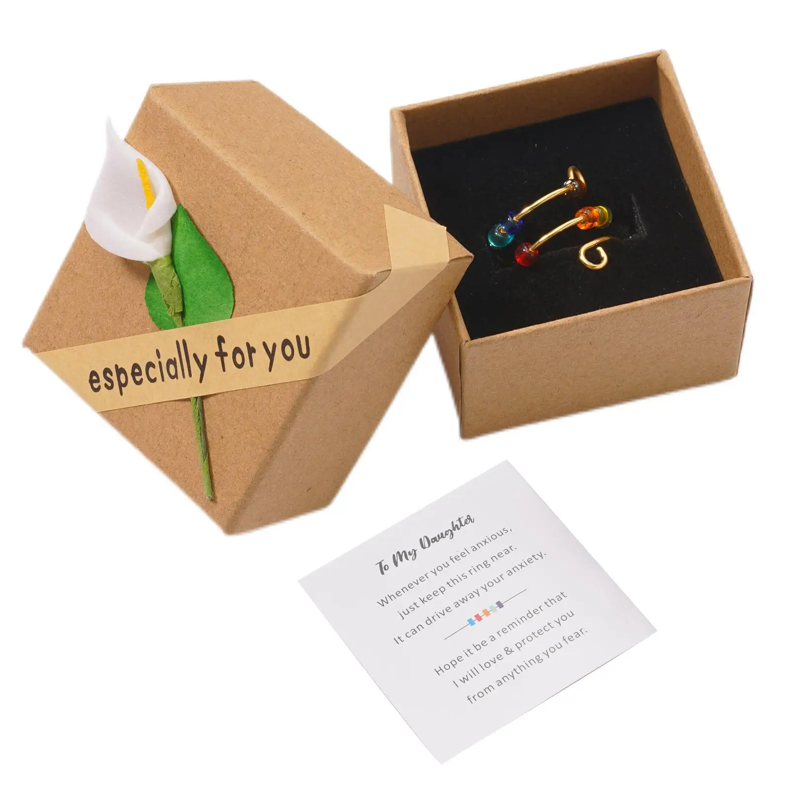 

To My Daughter Anxiety Ring Women Anti Stress Rainbow Beads Fidget Ring Adjustable Beads Rotating Open Ring With Card Gift Box