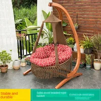 CXH Braid Rope Basket Swing Outdoor Patio Chairs Cradle Chair Solid Wood Rocking Chair Swing Basket