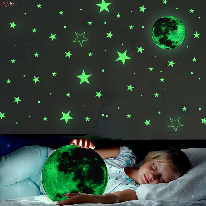 

Large Luminous 3D Moon Stars Dots Wall Sticker Glow In The Dark Baby Nuresery Kids Room Decoration Eco-friendly DIY Wall Decals