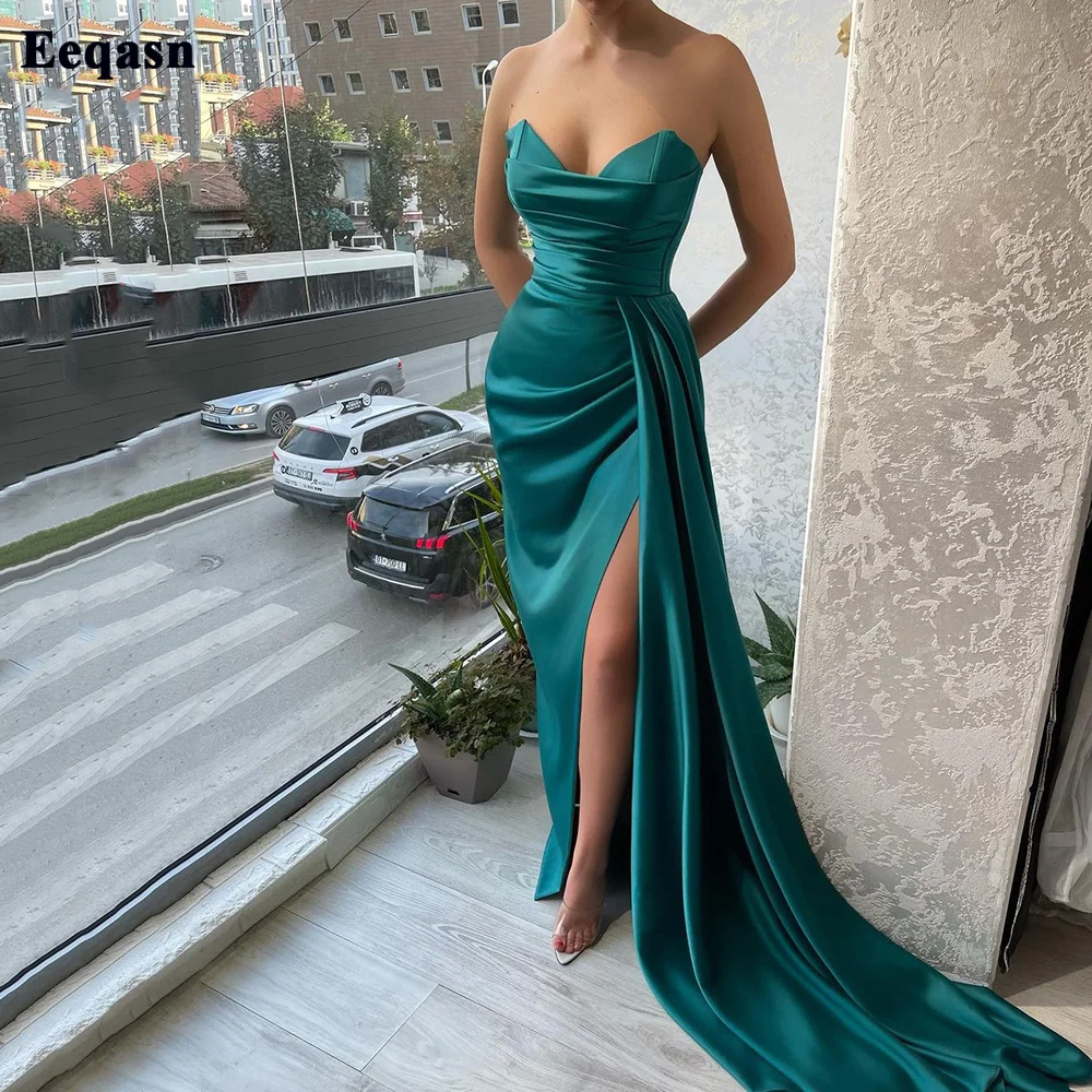 

Eeqasn Elegant Mermaid Evening Party Dresses Formal Prom Gowns Pleats High Side Slit Women Bodycon Celebrity Pageant Dress 2022