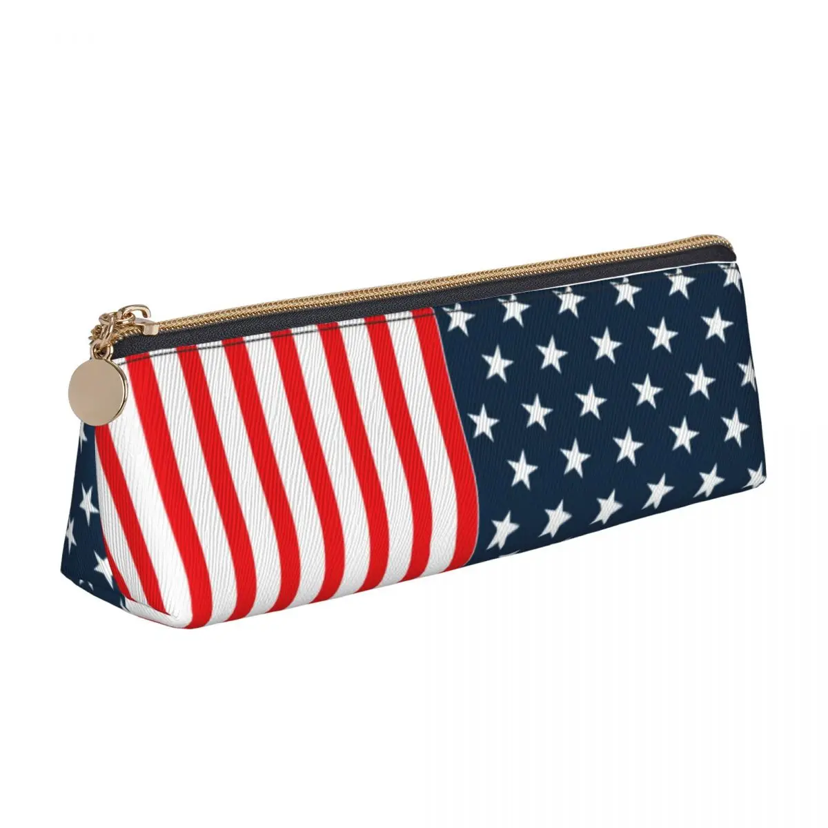 

American USA Flag Print Triangle Pencil Case Stars And Stripes Back to School Big Zipper Pencil Box Boy Cool Leather Pen Bag