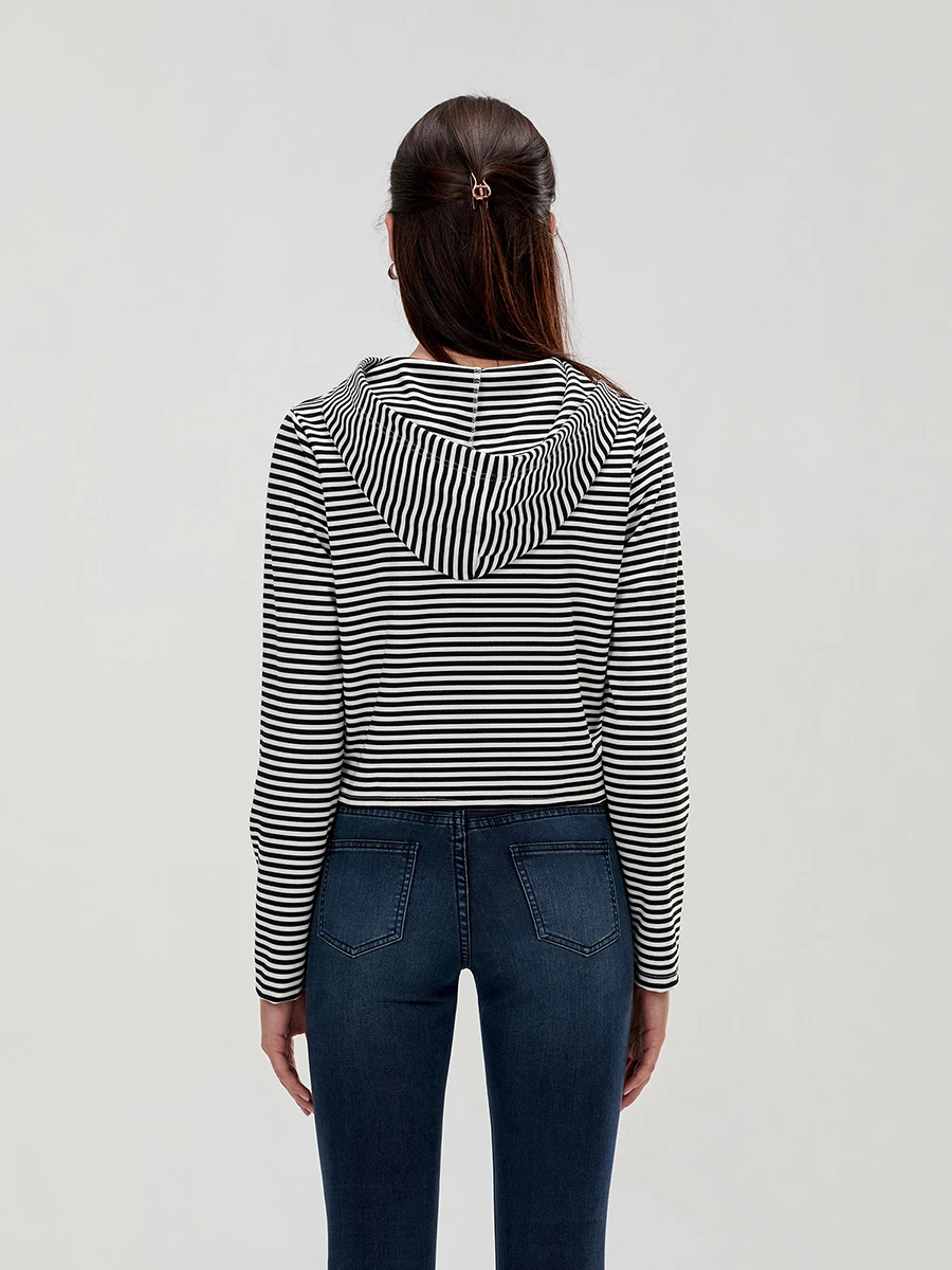 Женские осенние толстовки с капюшоном в полоску и длинными рукавами укороченное