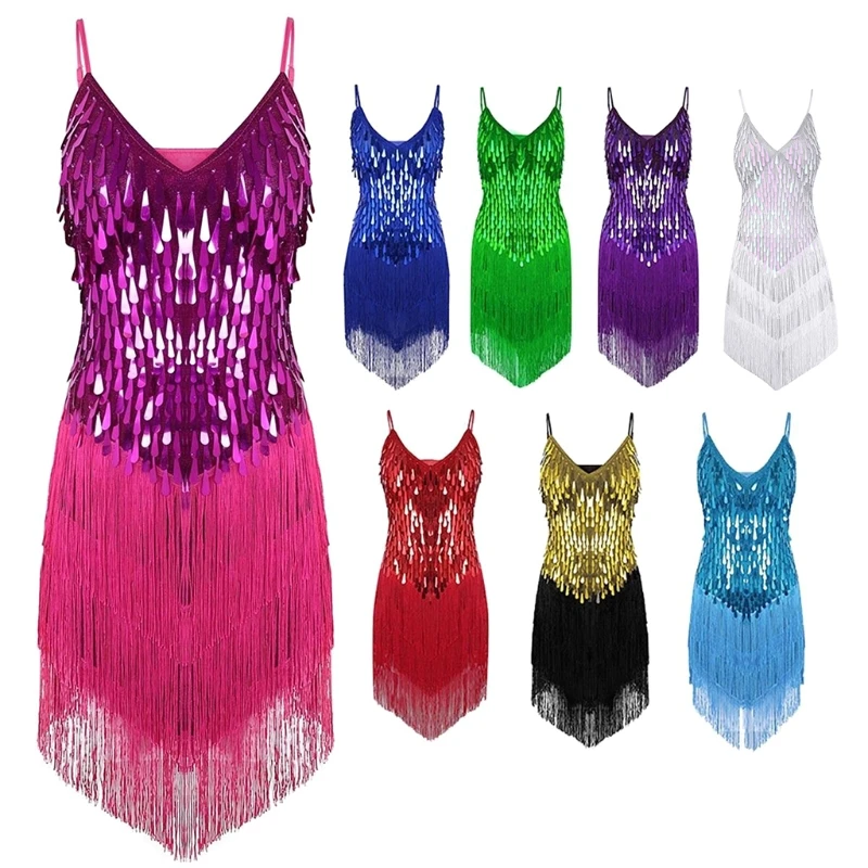 

Костюм для латиноамериканских танцев E8FA, с блестками, на подтяжках, без рукавов, с бахромой, для выступлений