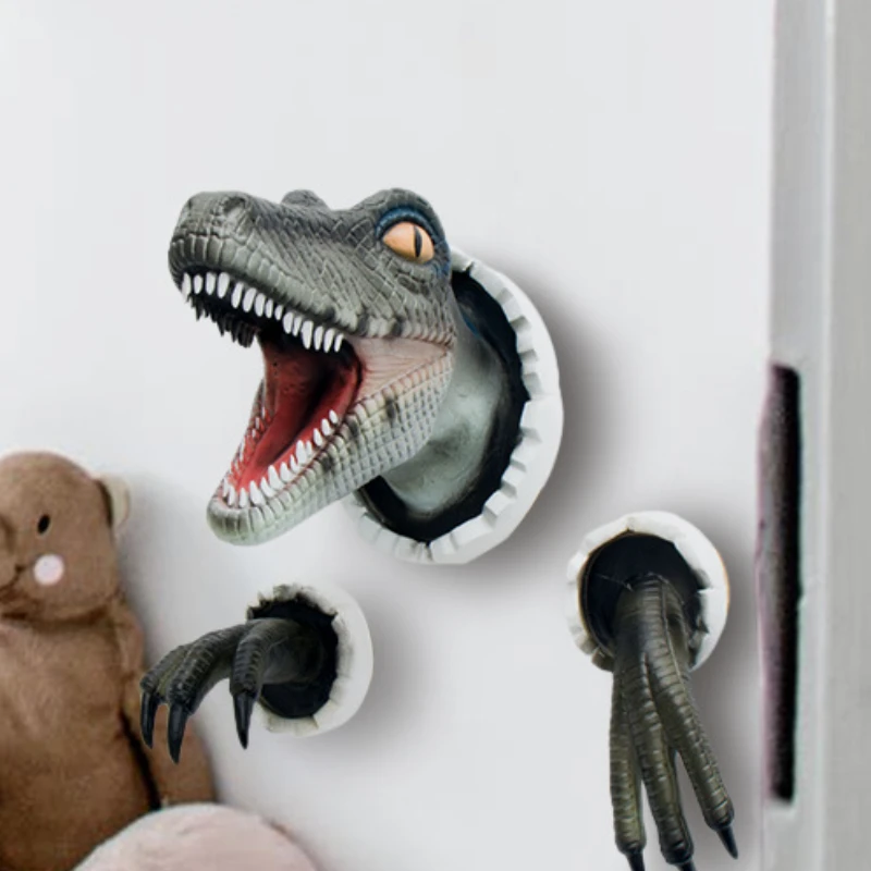 

Simulation Dinosaur Statue 3D Wall Mounted Dinosaur Ornaments Figurine Velociraptor Set Resin Wall Stickers Bar Home Decoration