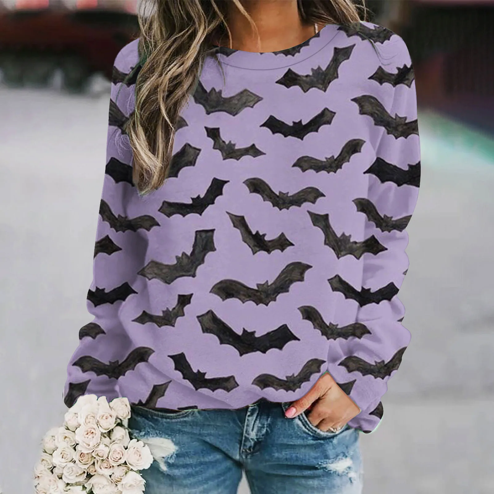 

Women Casual Pullover Halloween Print Round Neck Long Sleeve Hooded Sweatshirt Top Sweatshirt Full Zip Hoodie Winged Long Sleeve