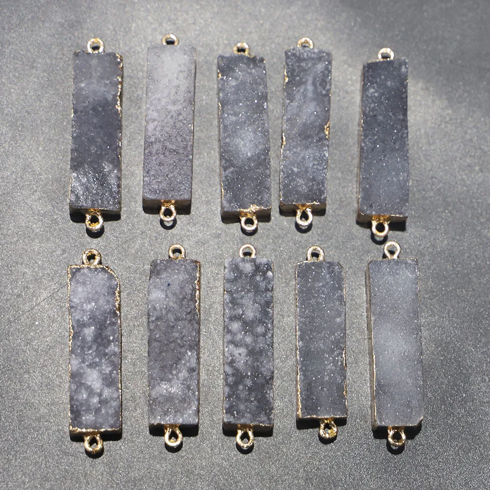 

Natural High Quality Grey Druzy Stone Double Buckle Pendants Connector Metal Mineral Agate Slice Geode Rough For Jewelry 5Pcs