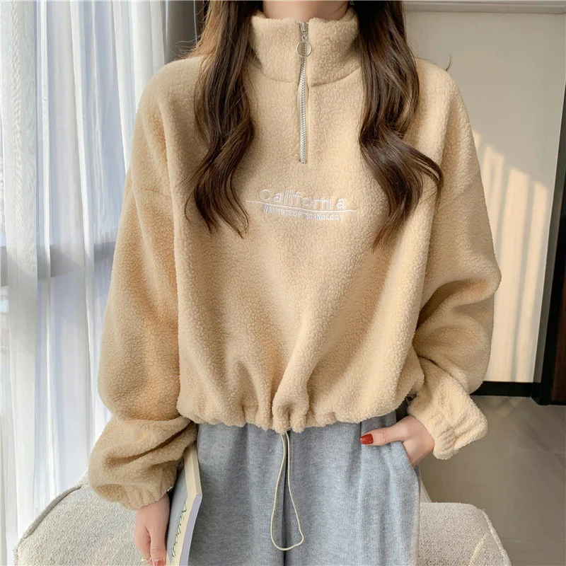 

Korean Women Plush Short Sweatshirts Autumn Winter Casual Warm Long Sleeve Pullover Top Student Letter Embroidery Hoodie Clothes