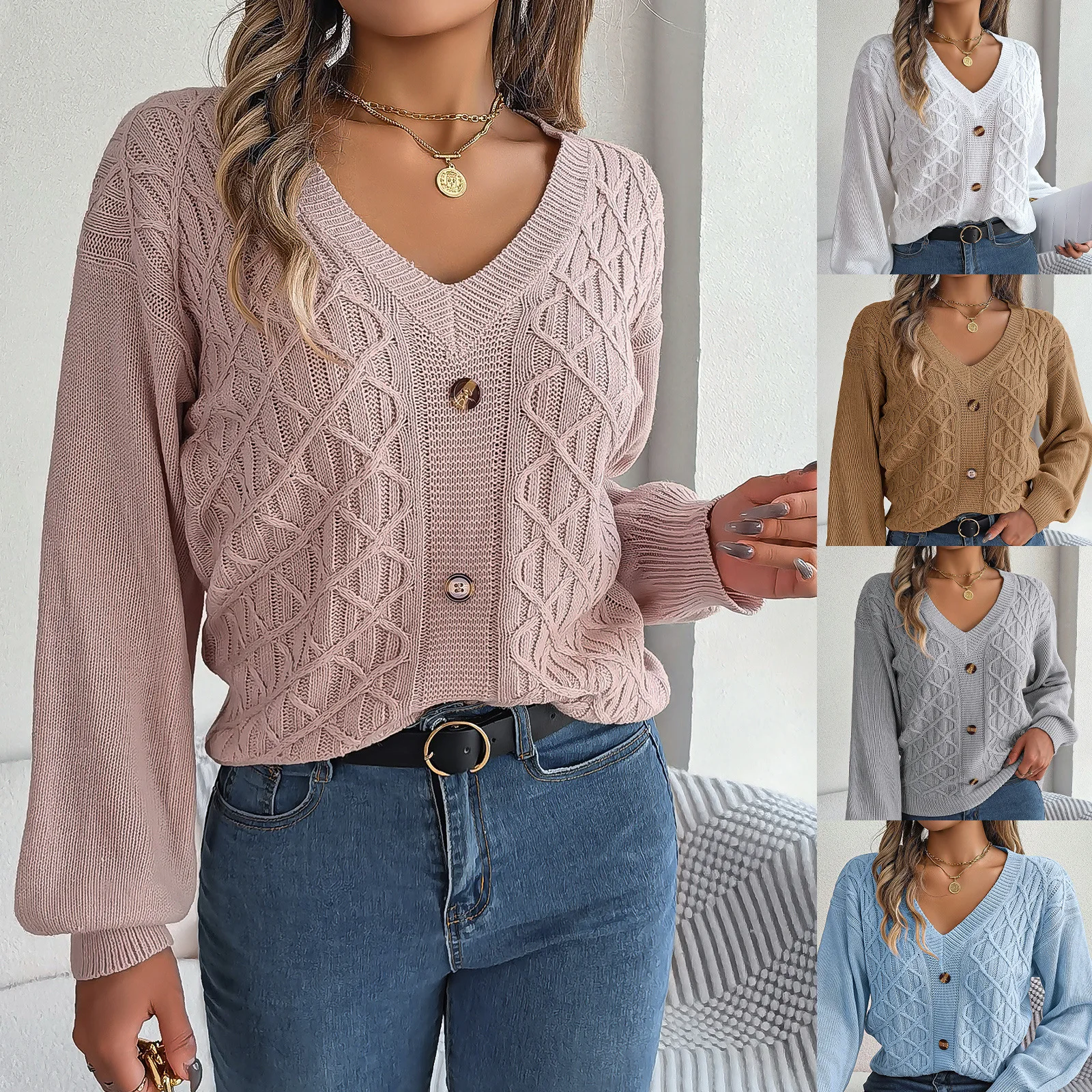 

Casual knitting pullover sweater ins style autumn and winter casual button Fried Dough Twists lantern sleeve pullover sweater