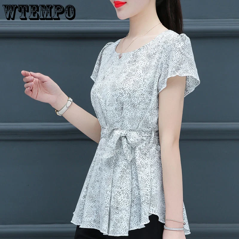 

WTEMPO Women Fragmented Chiffon Shirt Summer Short Sleeve Shirt Waist Tie Round Neck Top Fashion Korean Female Clothing 2023 New