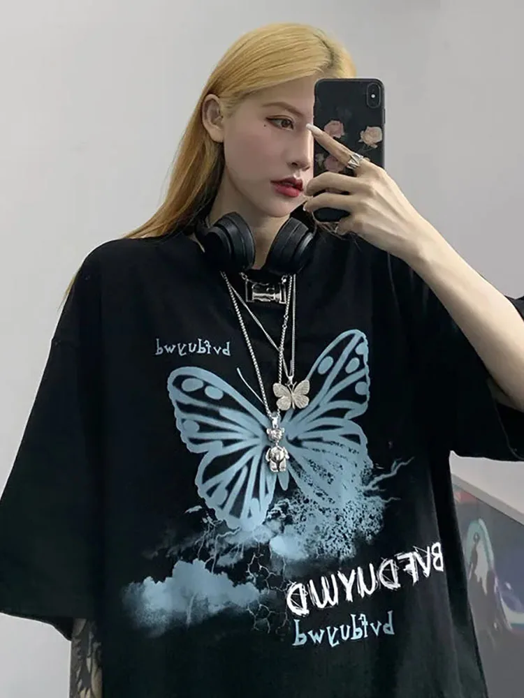 Женская футболка с принтом бабочки винтажная свободная в Корейском стиле