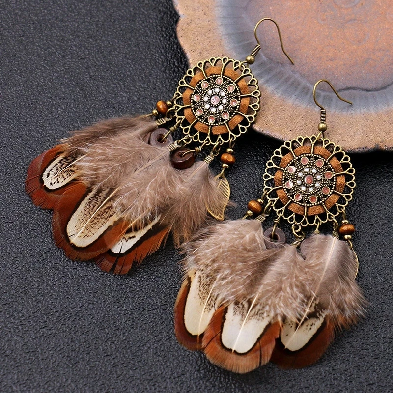

Bohemian Brown Feather Earrings for Women Alloy Hollow Flower Handmade Indian Earrings Vintage Jewelry Brincos Female