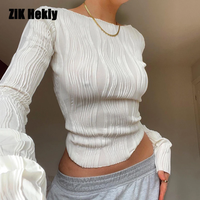 

Woman Fashion Casual Ruched Long Sleeve T-shirt Blouses Female White Skinny Cropped Bottoming Shirt 2023 Autumn Y2K Top Clothes