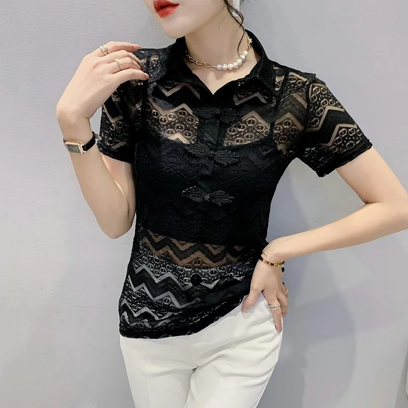 

#5179 Black Lace Polo Shirts Women Sexy Perspective Polo Shirts Turn-down Collar Thin Chinese Style Vintage Transparent Shirts