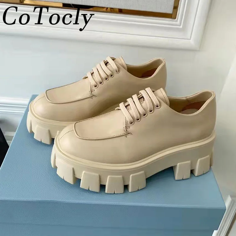 

Туфли женские из натуральной кожи на толстой подошве, шнуровка, британский стиль, круглый носок, плоская платформа, черные, персиковые