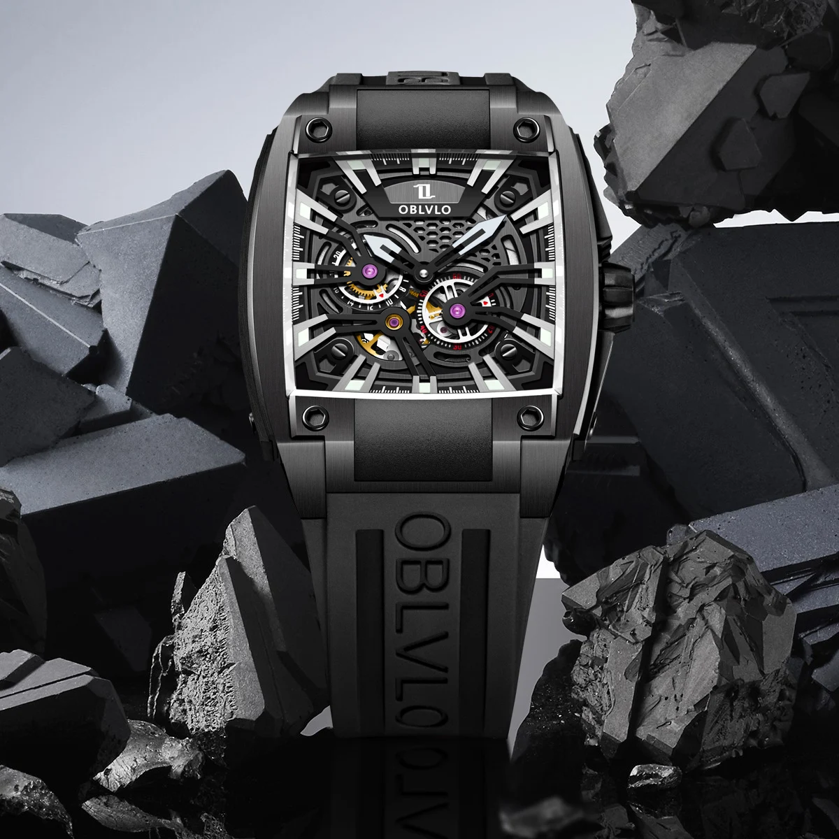 Роскошные Мужские автоматические механические часы OBLVLO светящиеся скелетоны из